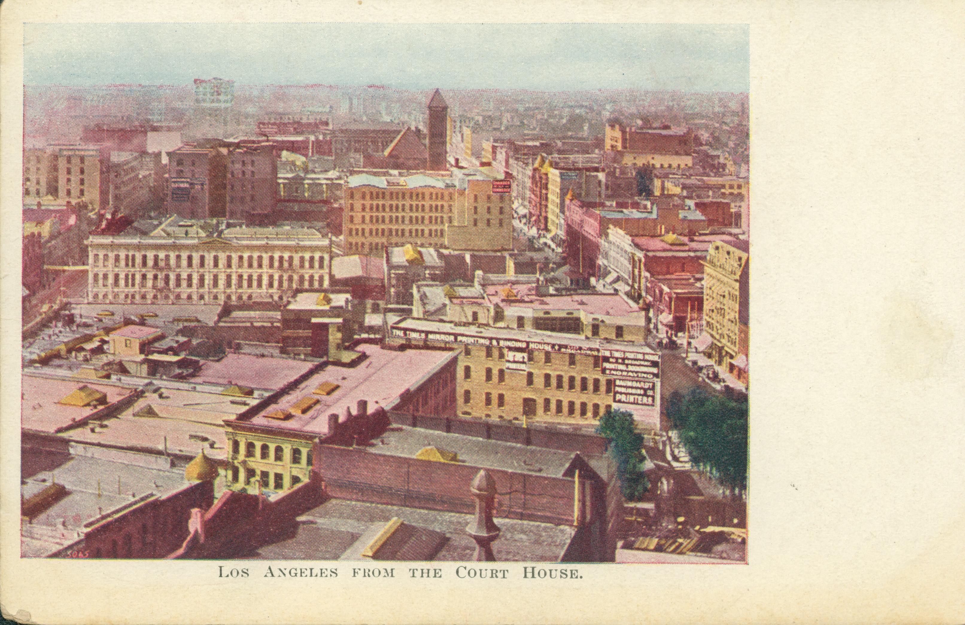 This postcard shows a bird's eye view of Los Angeles